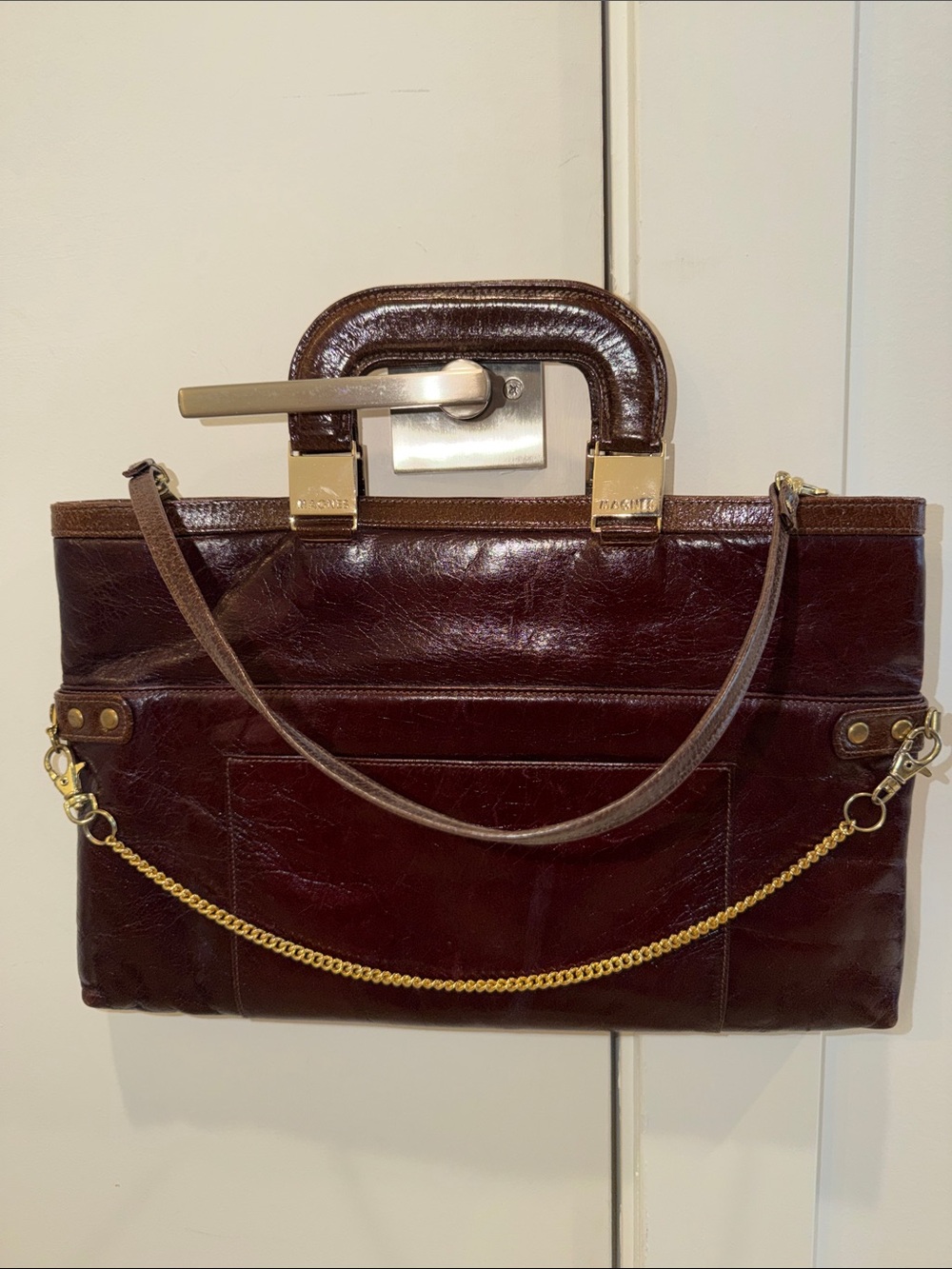 Magnes Sisters Brown Patent Leather Three Way Tote Bag
